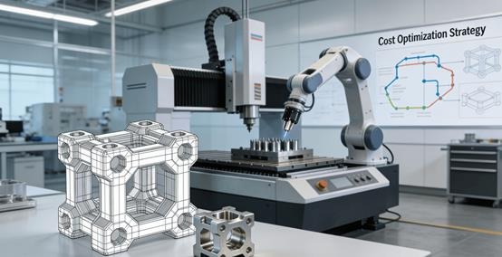 A detailed scene showing a 5-axis desktop CNC machine machining an aluminum architectural component, with a 3D model and key strategies like Design Optimization and Quality Assurance highlighted.