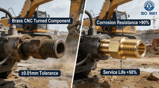 Precision brass CNC turned components in construction equipment showing corrosion resistance and durability compared to traditional part failure in harsh environments